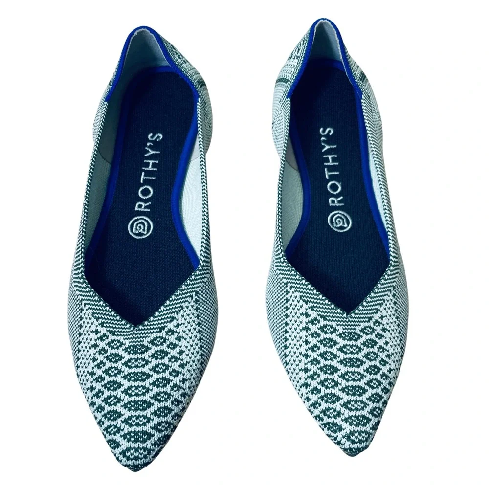 Rothy's The Point Olive Green White Geometric Knit Flats Shoes Women's 9